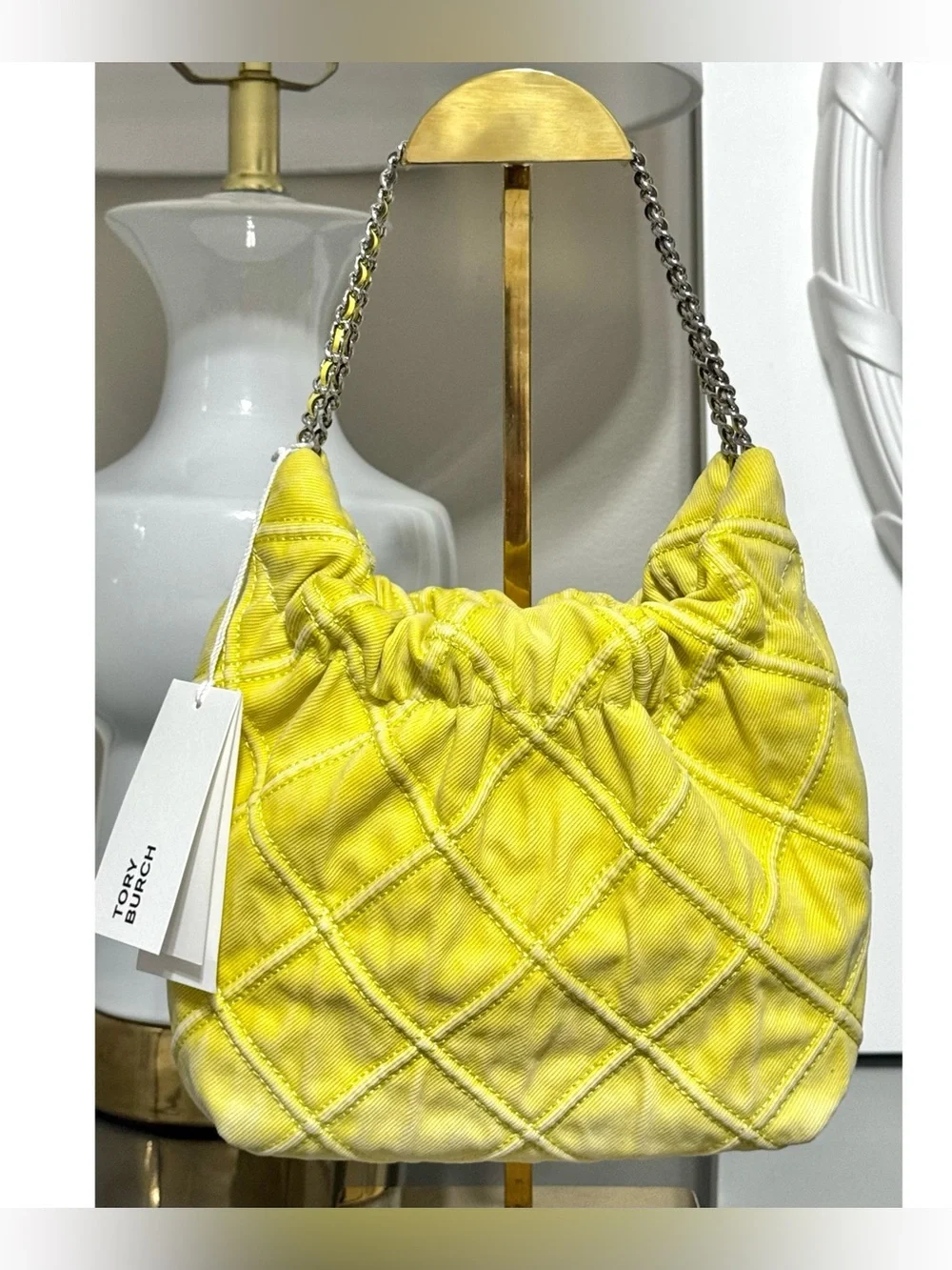 TORY BURCH MINI FLEMING SOFT QUILTED DENIM HOBO BAG, YELLOW